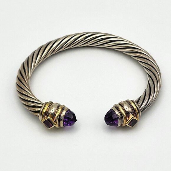 David Yurman 7mm Rennaissance Cable Amethyst & Garnet Bangle Cuff .925 & 14kt - Picture 2 of 10